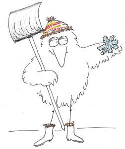 Rabe mit Schneeschieber und Schneeflocke