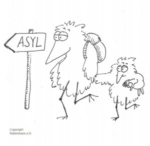 Rabe mit Kind auf zum Asyl